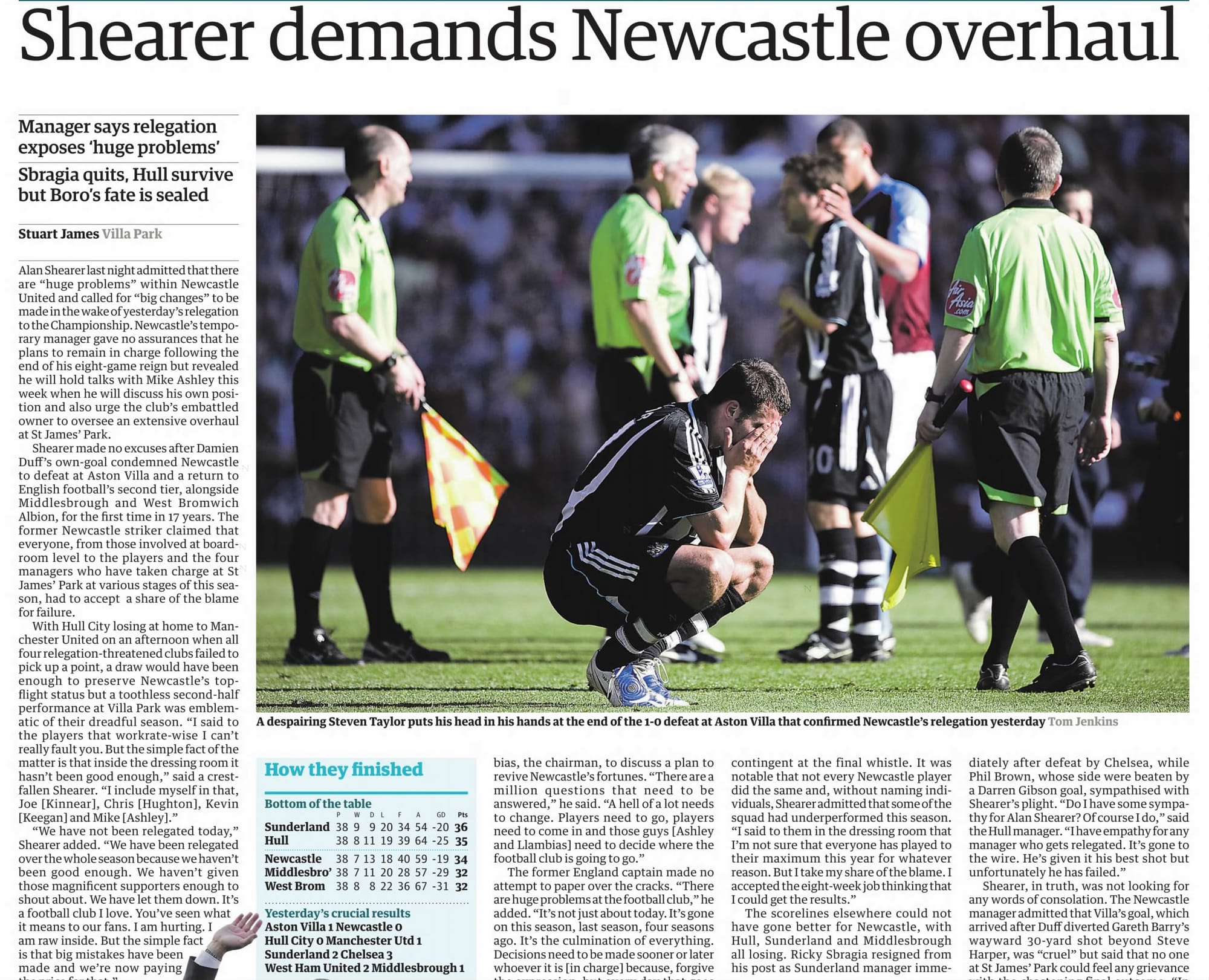 The Guardian, May 25, 2009: "Shearer demands Newcastle overhaul." (Photo: Tom Jenkins)