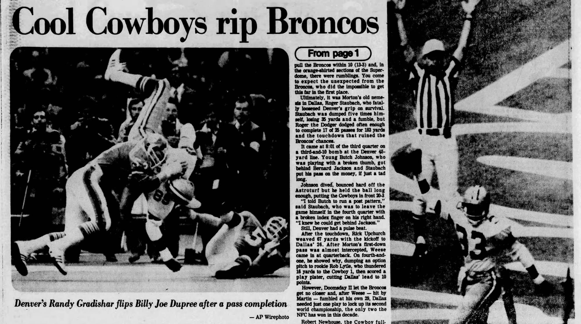 The Houston Post, Jan. 16, 1978: "Cool Cowboys rip Broncos." Denver's Randy Gradishar flips Billy Joe DuPree. (AP Wirephoto)