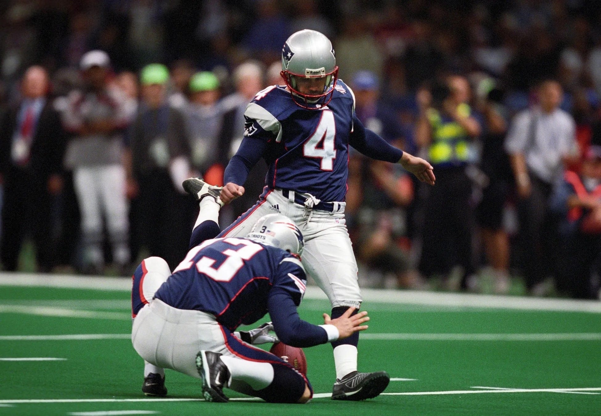 Adam Vinatieri's 48-yard field goal as time expired, with Ken Walter (13) holding, Feb. 3, 2002.