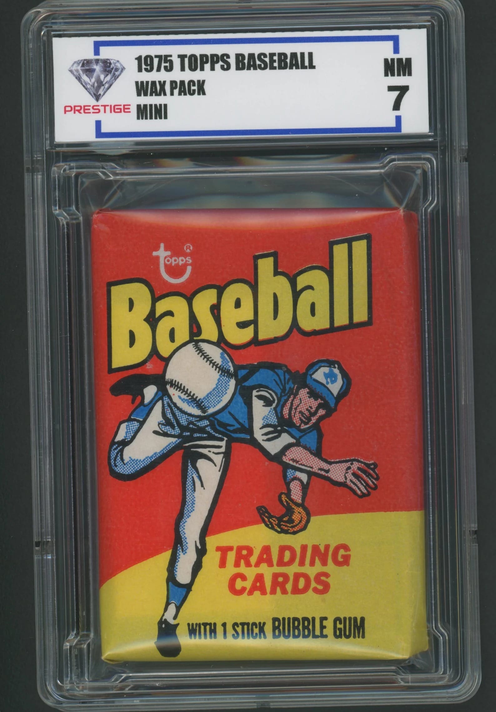 An unopened 1975 Topps mini wax pack, graded NM 7. Nothing on the wrapper says "mini."