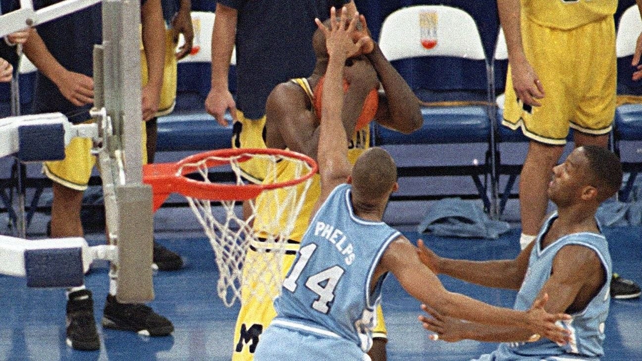 Chris Webber signals for the timeout Michigan didn't have, April 5, 1993.