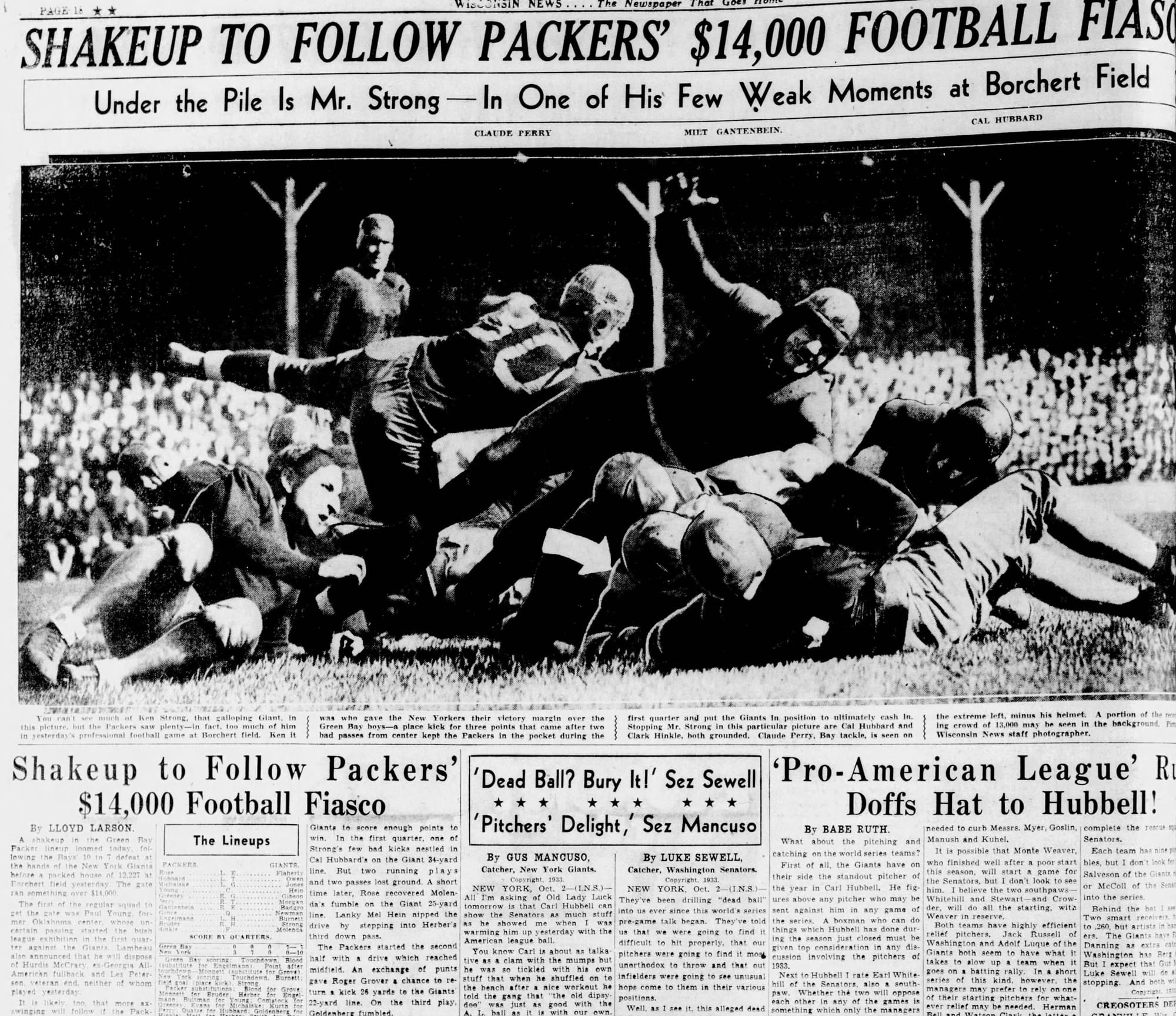 The Wisconsin News, Oct. 2, 1933: "Shakeup to Follow Packers' $14,000 Football Fiasco." Under the pile is Ken Strong.