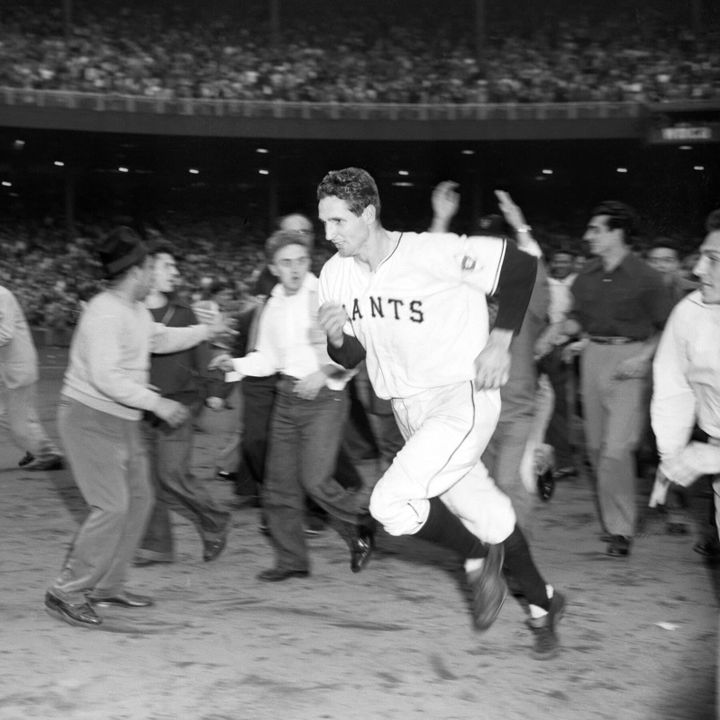 Bobby Thomson leaps home into the mob, Oct 3, 1951