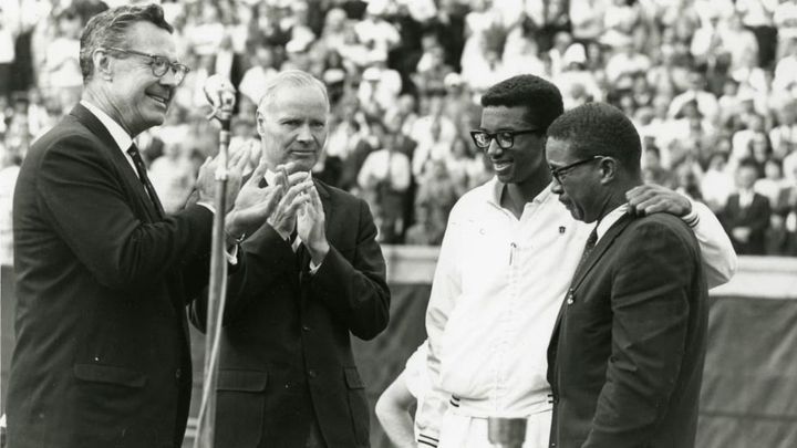 Arthur Ashe with his father, Arthur Ashe Sr., at the 1968 US Open trophy ceremony at Forest Hills