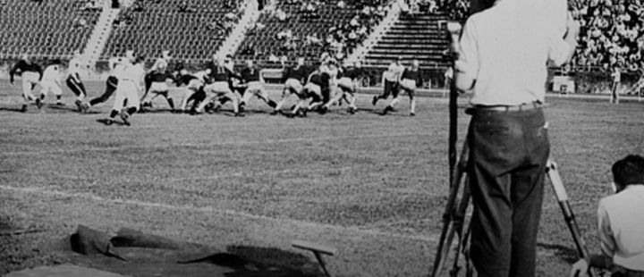 A TV camera on the sideline at Randall's Island for the Fordham-Waynesburg telecast.
