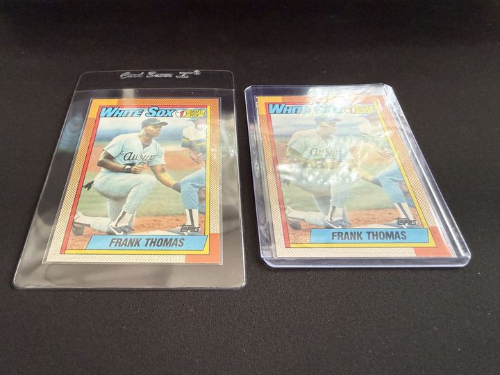 A 1990 Topps Frank Thomas in a Card Saver 1 and in a top loader