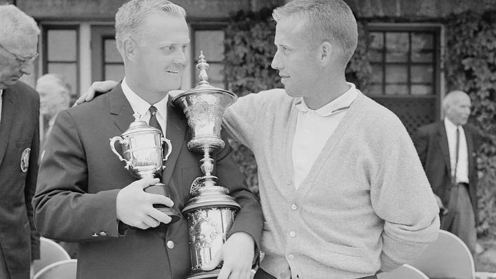 Jack Nicklaus holding the Havemeyer Trophy at Pebble Beach in 1961, with Dudley Wysong beside him