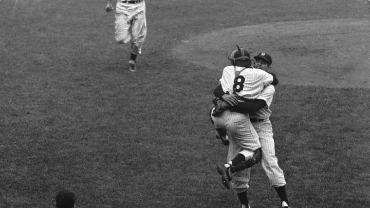 Yogi Berra jumps into Don Larsen's arms after the perfect game