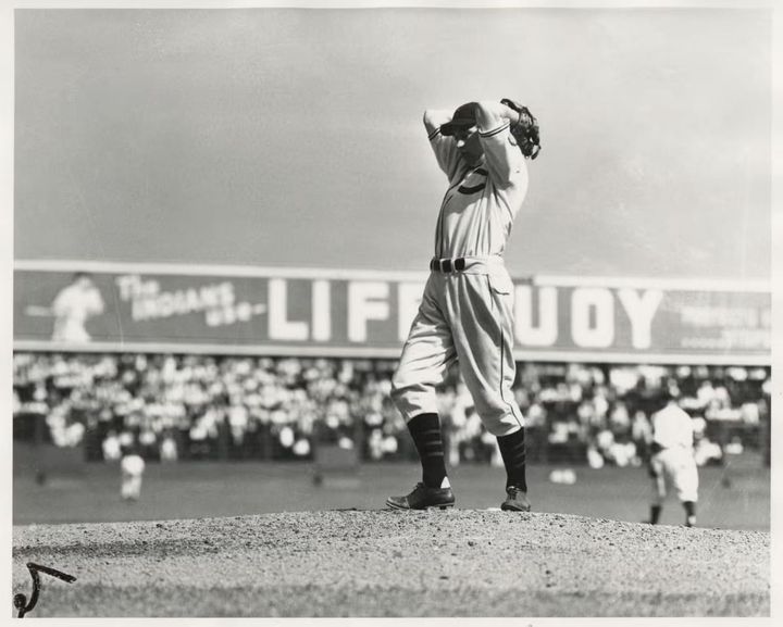 Bob Feller in his windup on the mound
