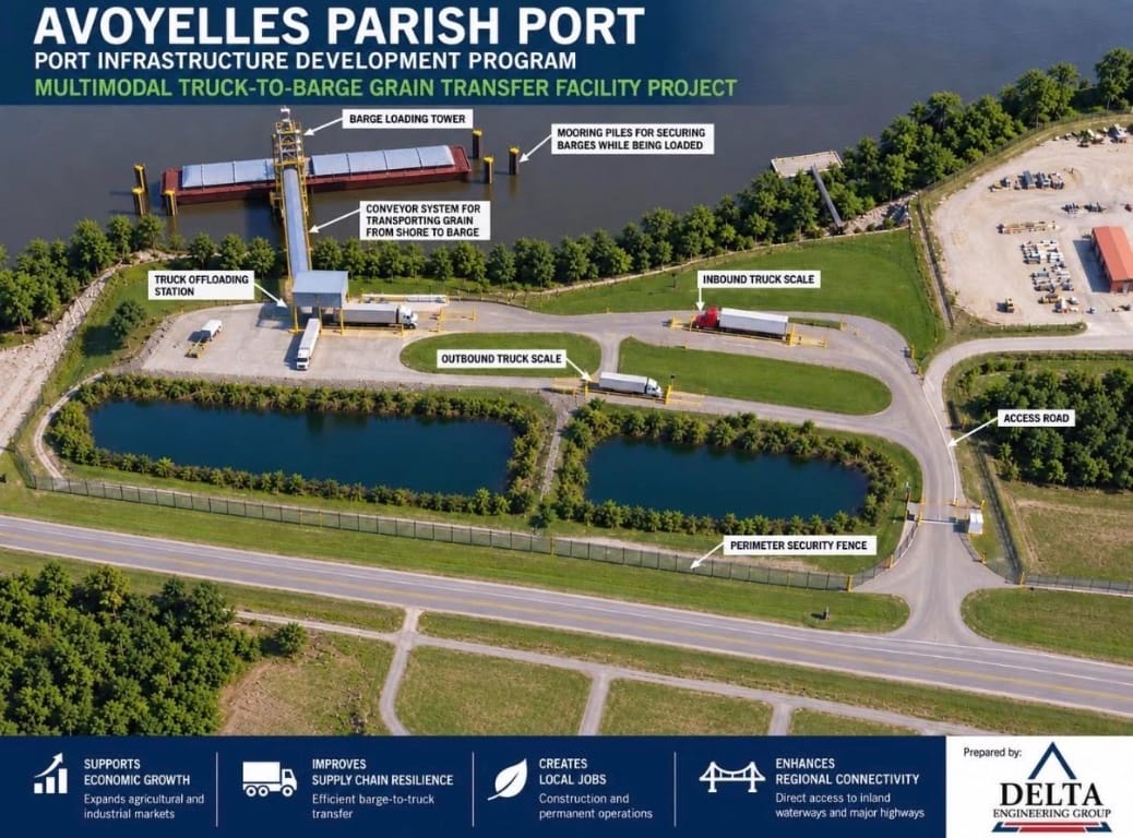 Delta Engineering Group project rendering showing the planned truck-to-barge grain transfer facility at the Port of Avoyelles.