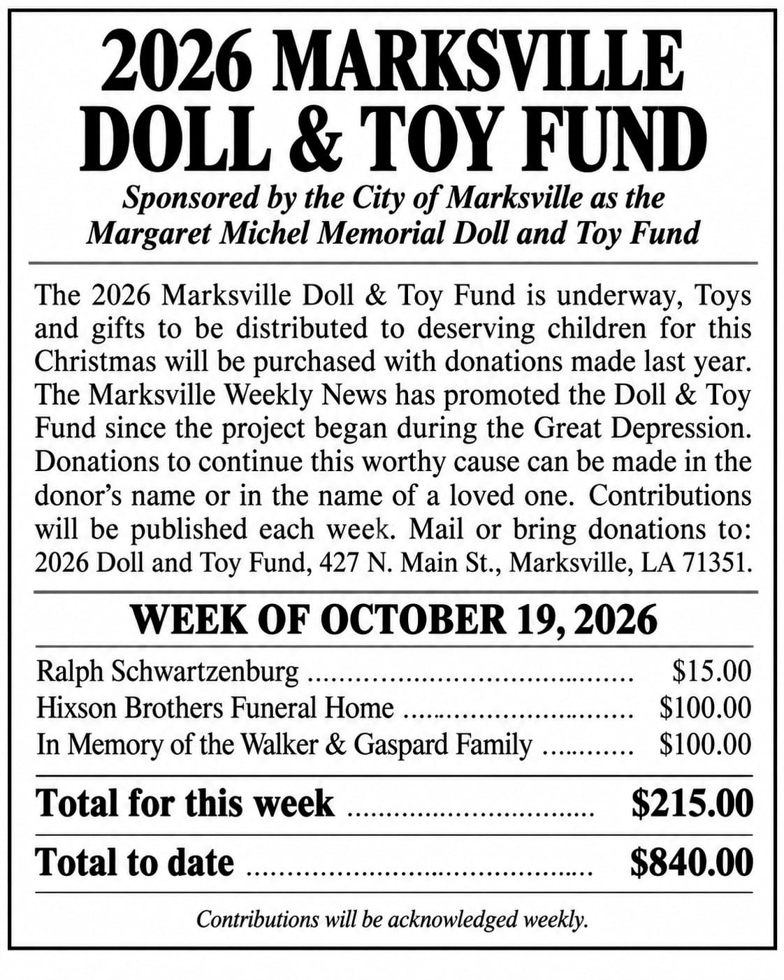 Marksville Doll & Toy Fund update for the week of October 19, 2026.