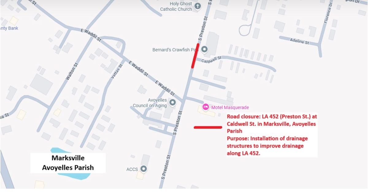LA 452 Closure Planned at Caldwell Street for Drainage Project