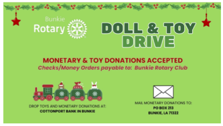 🎁 Join the Bunkie Rotary Club's 2025 Christmas Doll & Toy Drive! 🎄