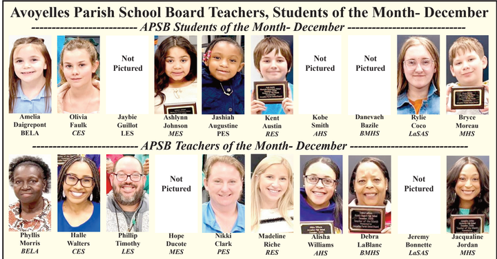 Avoyelles Parish School Board Teachers and Students of the Month: December