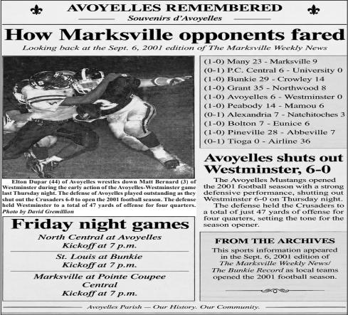 Looking back at September 6, 2001 edition of the Marksville Weekly News