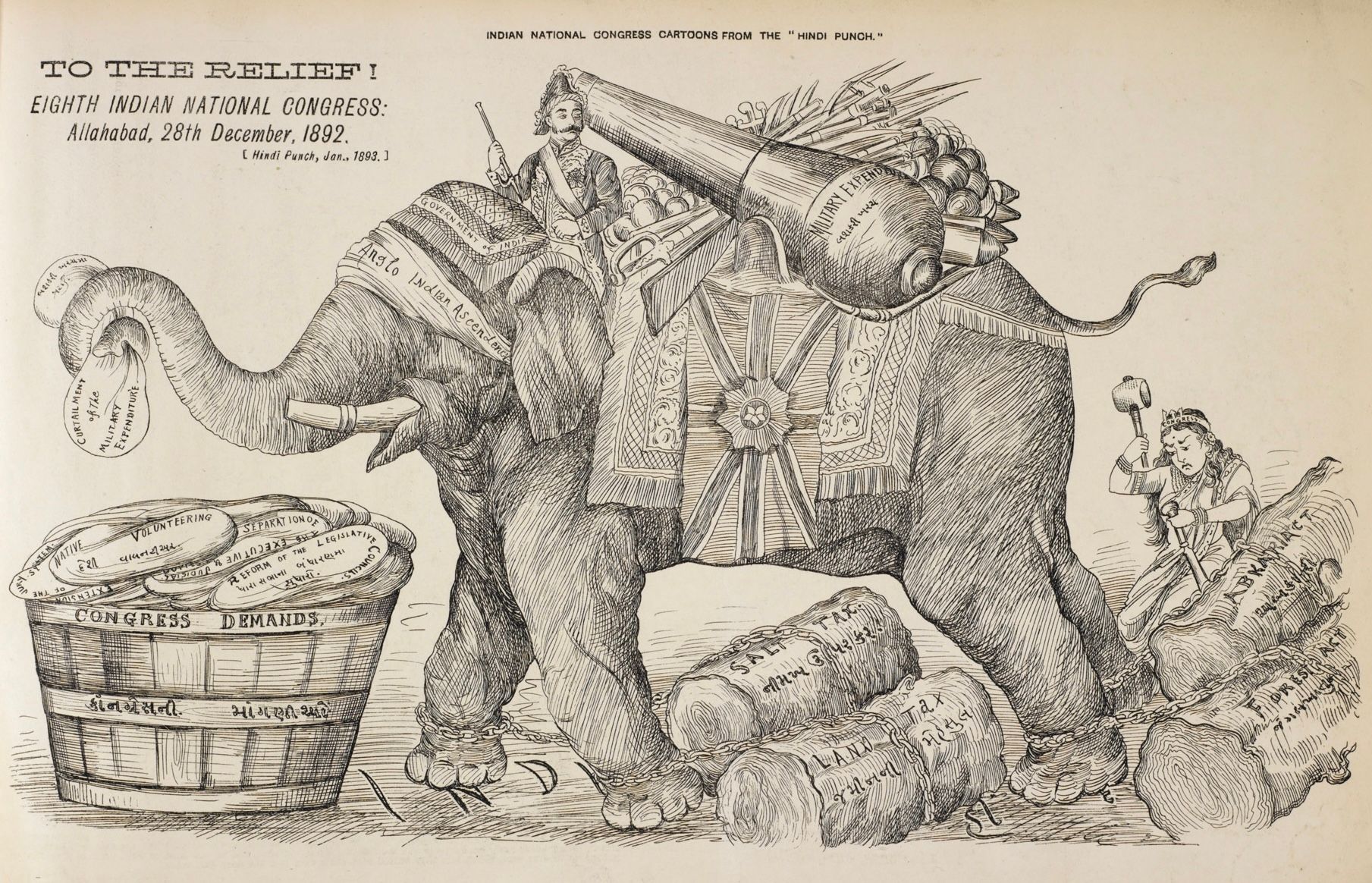 1892 cartoon from Hindi Punch. Source: https://www.bl.uk/collection-items/satirical-cartoon-about-the-indian-national-congress