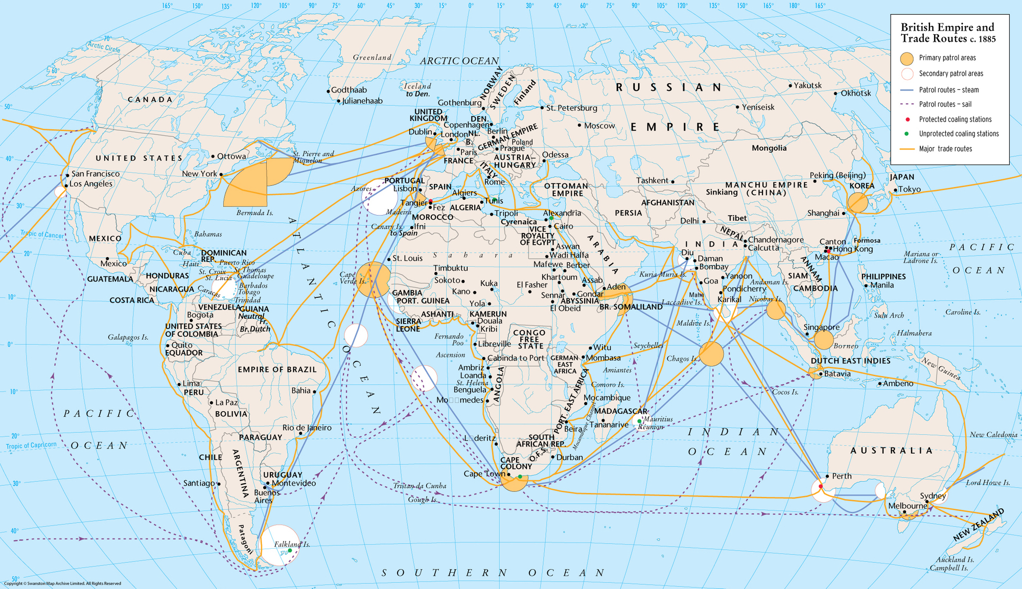 British Empire and Trade Routes, c.1885. This map helps students visualize the idea of export markets. It also mention coaling stations in the key, which is something else that Ferry discusses in his speech. Source: https://www.themaparchive.com/product/british-empire-and-trade-routes-c-1885/