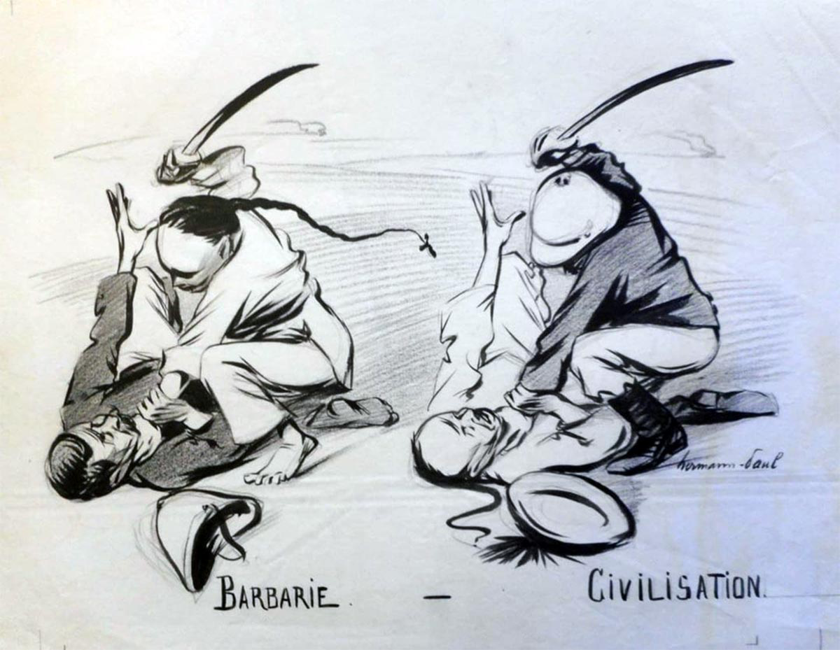 “Barbarie — Civilisation”
Full caption: “It's all a matter of perspective. When a Chinese coolie strikes a French soldier the result is a public cry of ‘Barbarity!’ But when a French soldier strikes a coolie, it's a necessary blow for civilization.”
Le Cri de Paris, July 10, 1899
Artist: René Georges Hermann-Paul Source: https://www.hermann-paul.org/catalog-item/109.006/