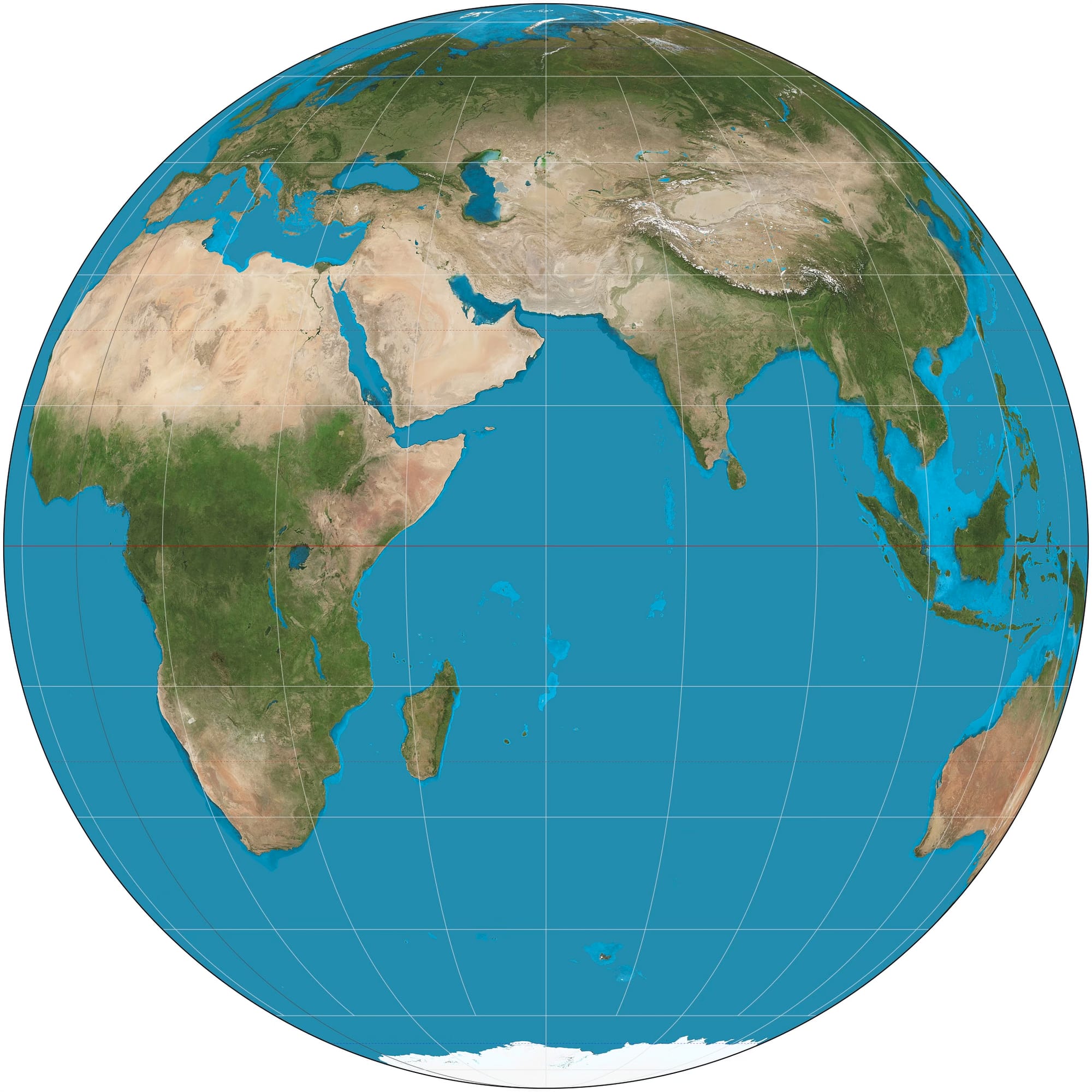 Orthographic map projection of Afroeurasia. Source: Wikipedia. 
