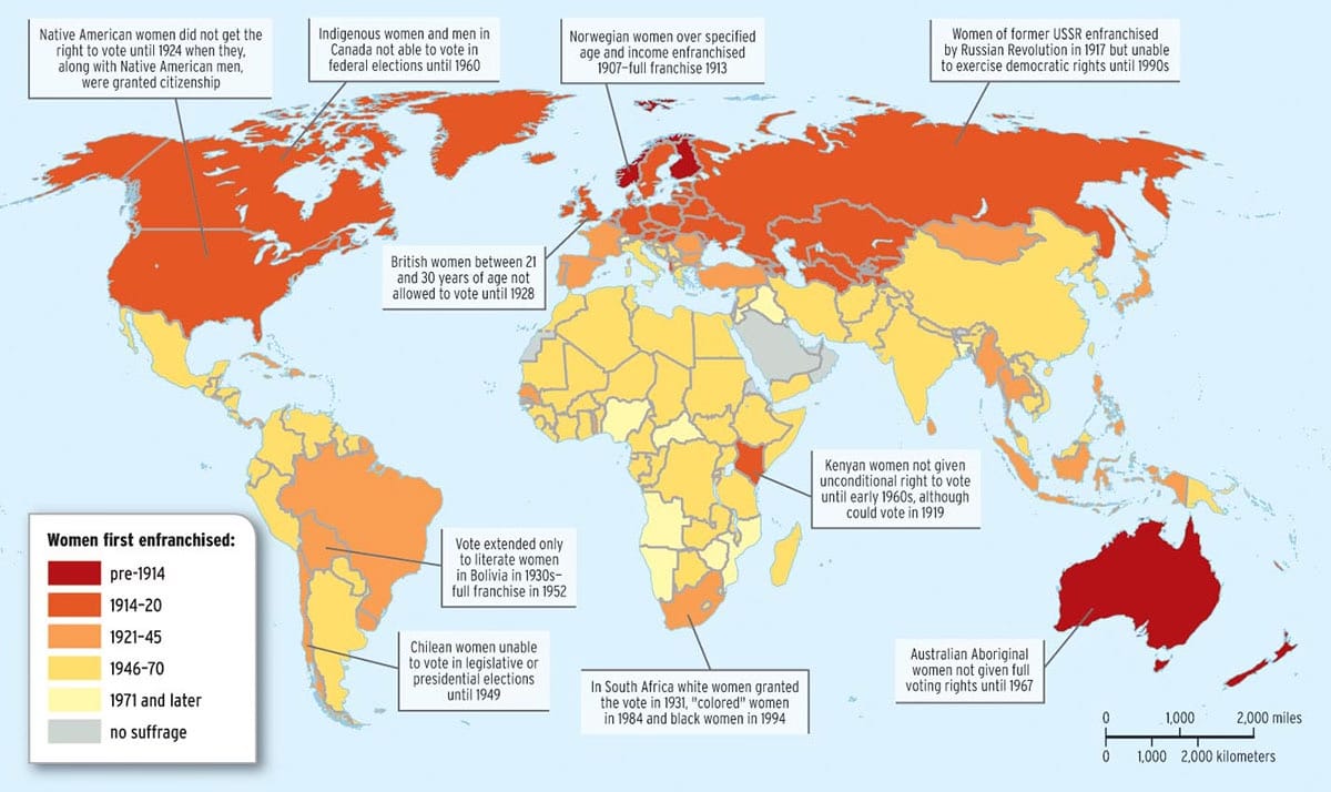 Spread of women’s suffrage in the twentieth century. Source: Textbook unknown. If you recognize the source, please let me know.