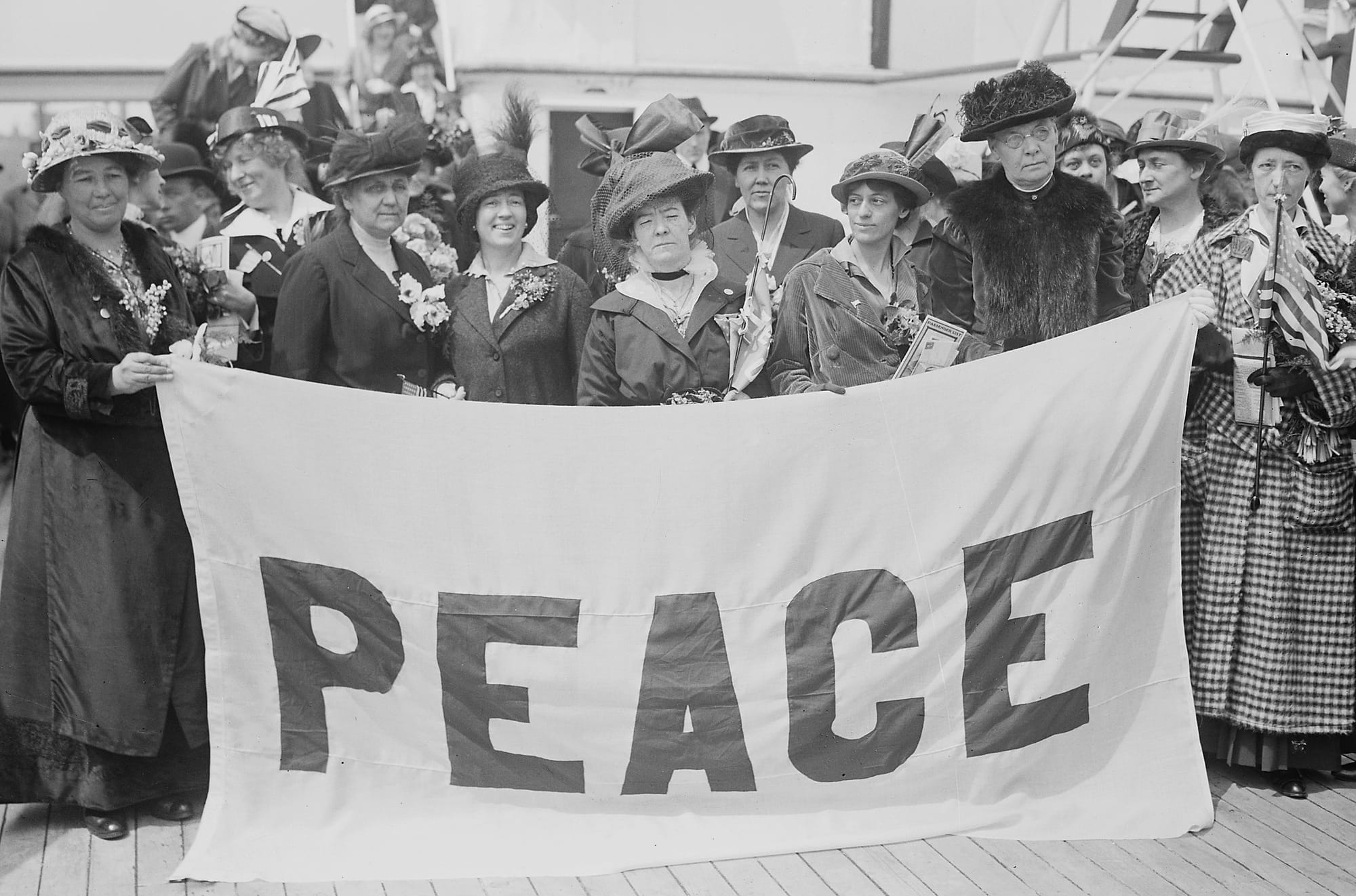 Female delegates to the 1915 Women's Peace Conference in The Hague, aboard the MS Noordam. April 1915. Source: Wikimedia Commons.