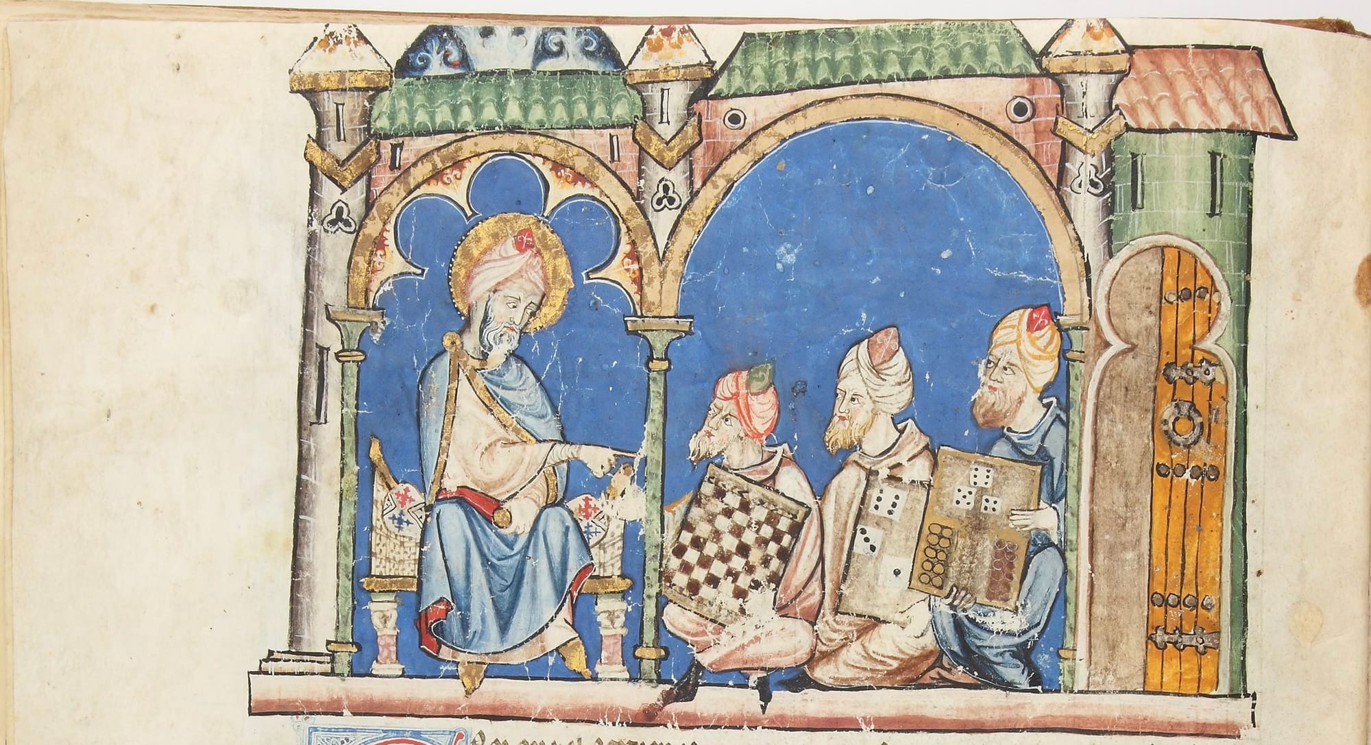 Different games being presented to an unnamed Indian ruler from the thirteenth-century Book of Games. Source: Patrimonio Nacional.