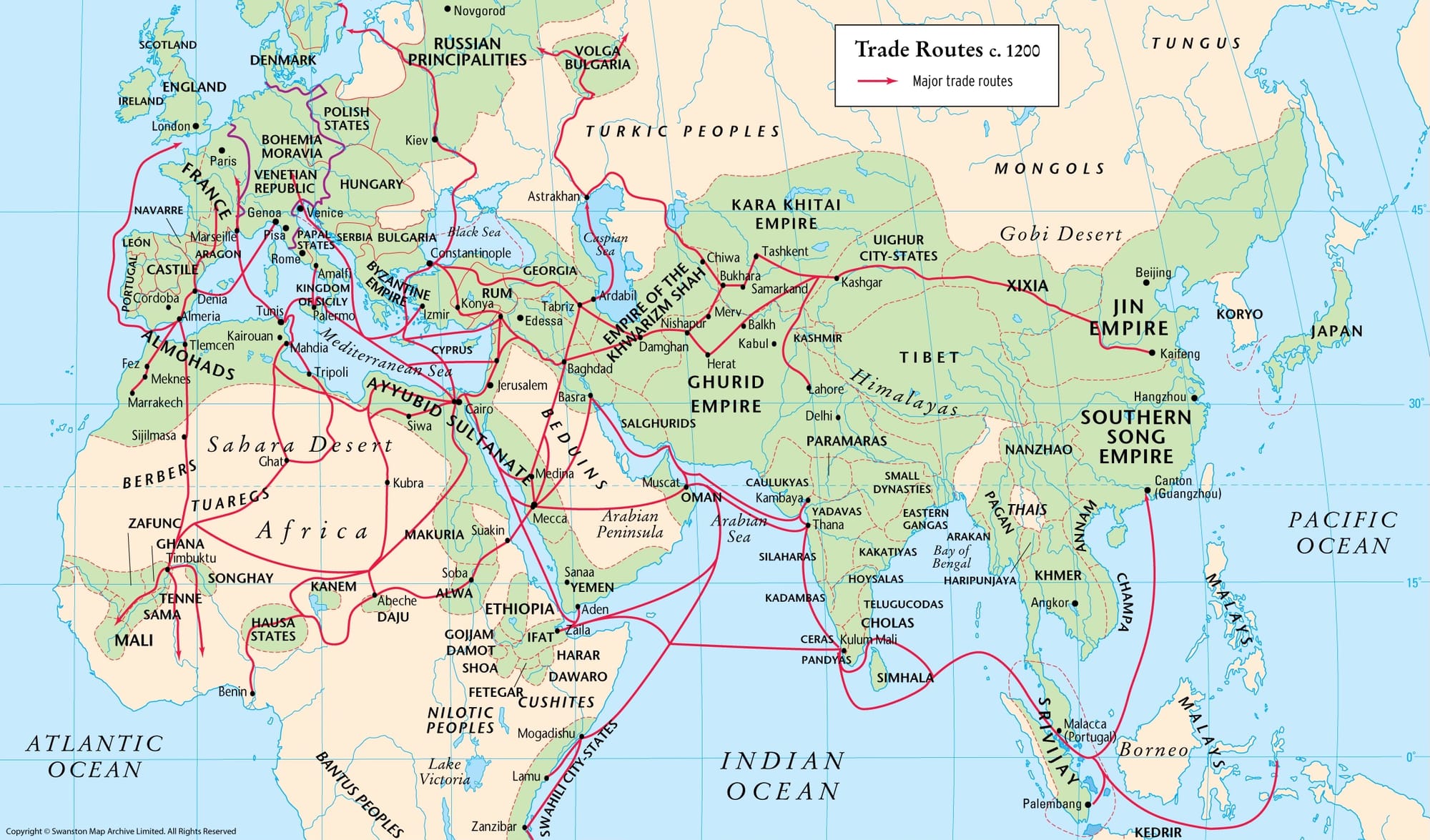Afroeurasian trade, c.1200. Source: The Map Archive.