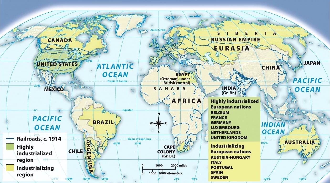 Global railroads and industrialization, c.1914. Source: A History of World Societies
