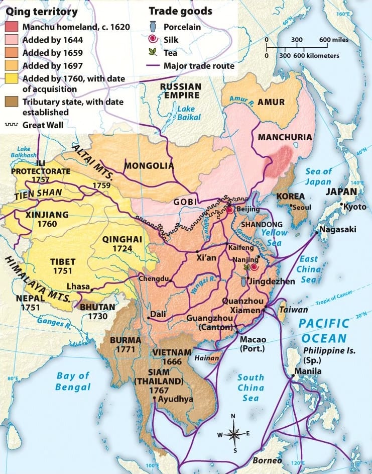 Qing China and Trade. Jingdezhen appears on the map. Source: A History of World Societies.