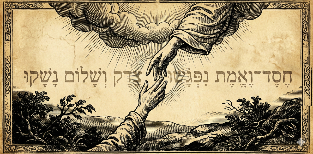 "Mercy and truth are met together; righteousness and peace have kissed each other." (Psalm 85:10, Hebrew shown)