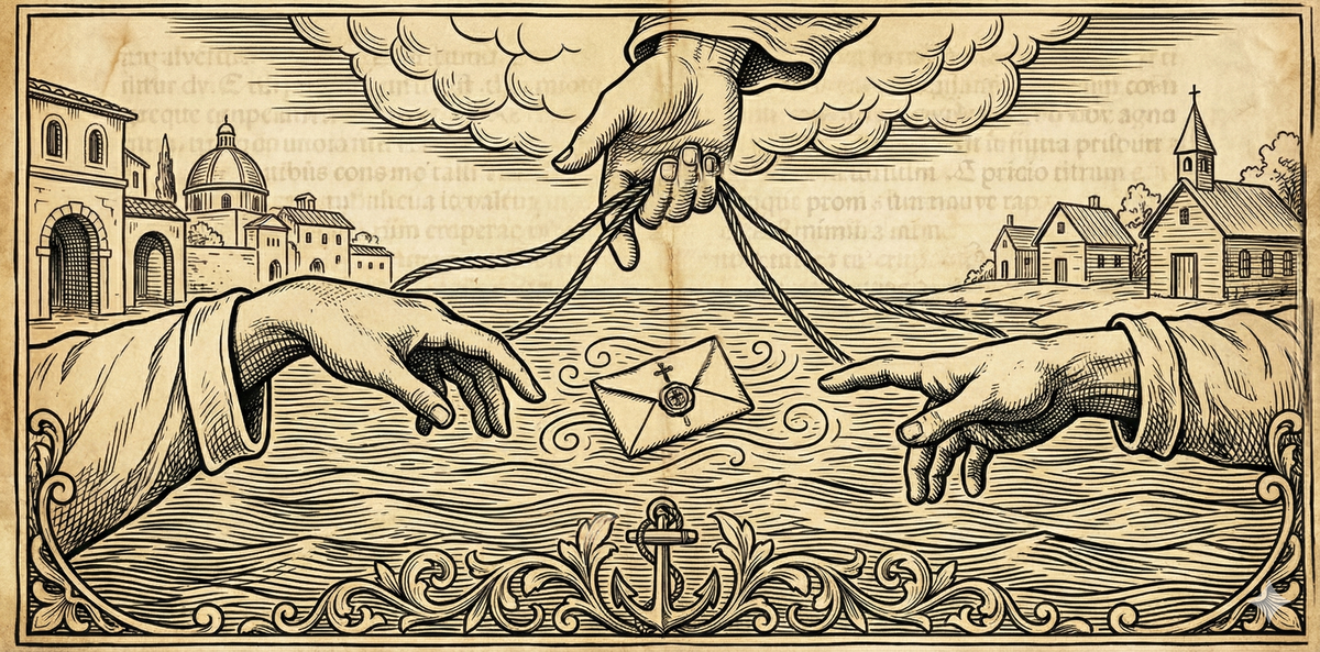 Woodcut-style image: two hands reaching across ocean with divine hand above holding connecting threads, sealed letter below.