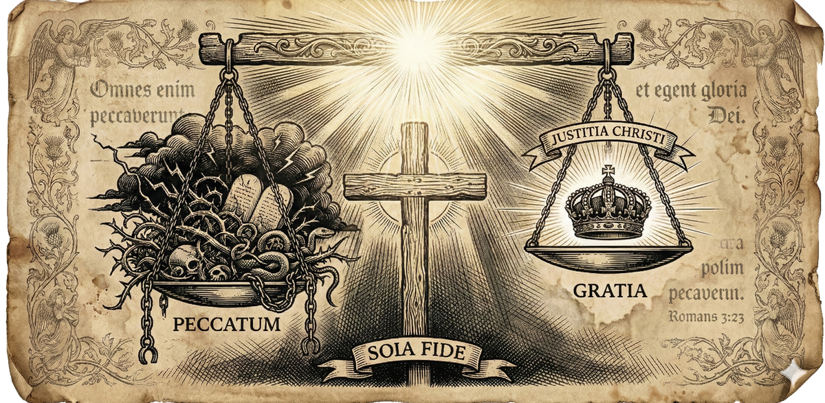 Reformation woodcut showing scales of justice: thorns and chains (sin) outweighed by crown (grace), cross as fulcrum, Latin text.
