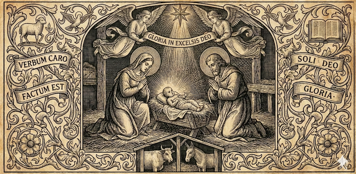 16th-century style woodcut of the Nativity depicting the Incarnation with Latin inscription "Verbum Caro Factum Est" (John 1:14)