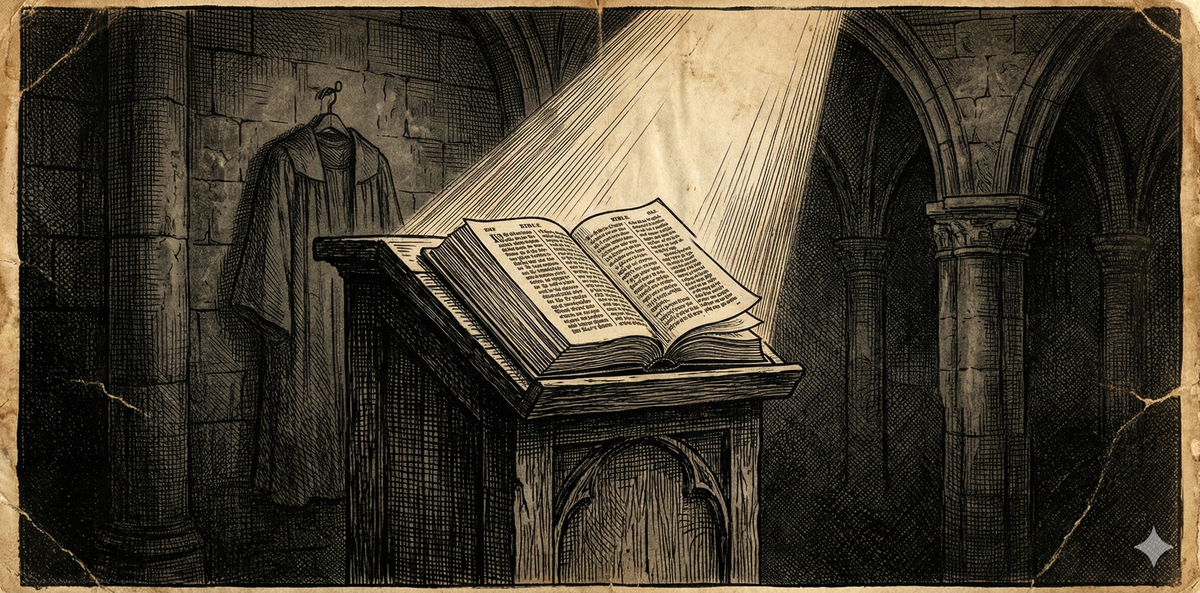 Empty pulpit with illuminated Bible in Reformation woodcut style. Symbolizes title without truth, demeanor without doctrine.