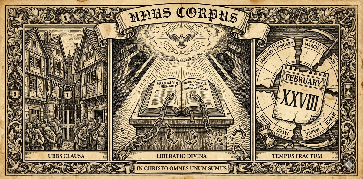 Woodcut triptych: crowded city (Urbs Clausa), Bible with broken chains under dove (Liberatio Divina), torn February calendar (Tempus Fractum). Banner: Unus Corpus.