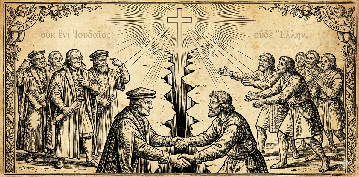 Reformation woodcut: wall divides groups. Men clasp hands across barrier. Cross radiates divine light above both sides. Greek text from Galatians 3:28: 'neither Jew nor Greek.