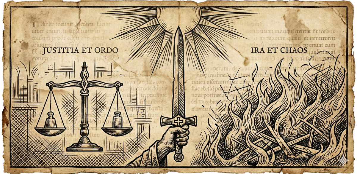 Reformation woodcut: sword dividing scales of justice from flames of vengeance, with divine light above. Sepia parchment.