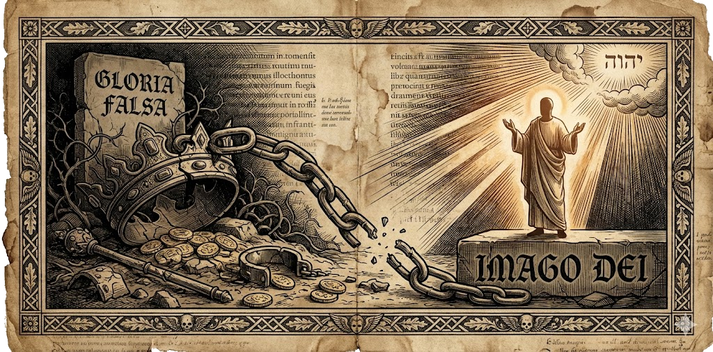 Woodcut engraving: broken crown labeled "GLORIA FALSA" in shadow vs. illuminated figure on "IMAGO DEI" stone under YHWH. Broken chain between. Contrasting false heritage with divine dignity.