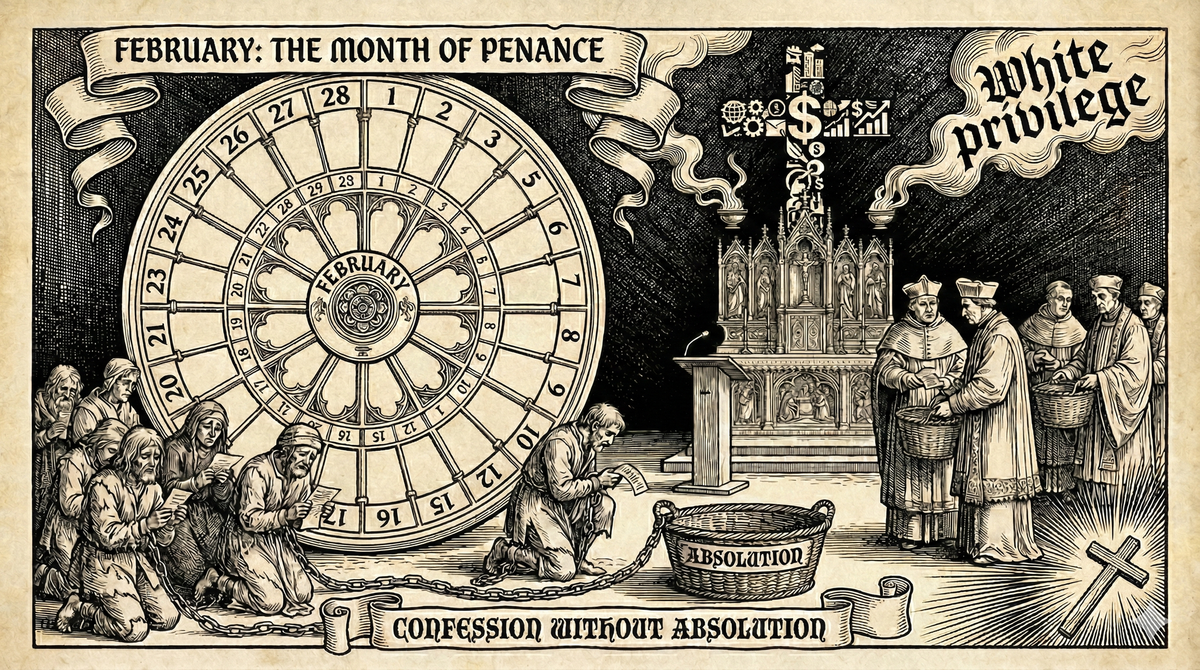 Reformation woodcut: liturgical calendar February. Penitents kneel left, clergy collect offerings right. Incense smoke forms "white privilege." Empty basket labeled absolution.