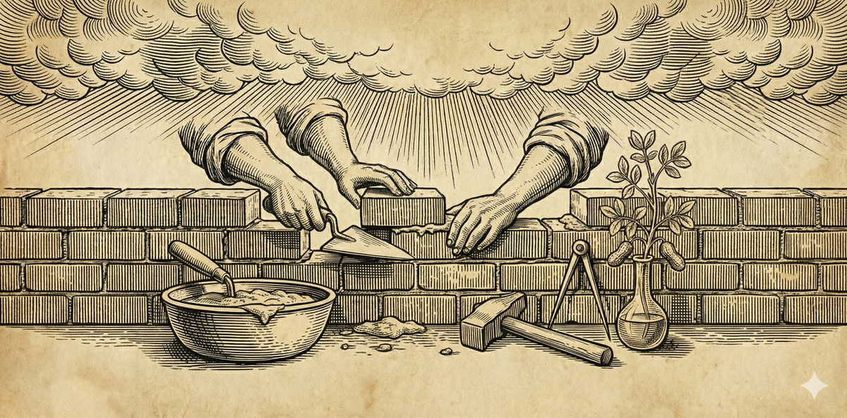 Woodcut: hands building a brick wall, tools scattered below, divine light from above. Black ink on aged parchment. Building over agitating.