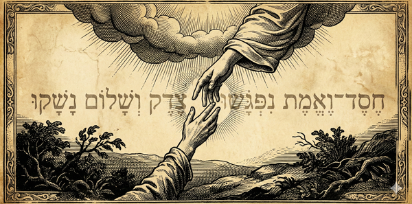 "Mercy and truth are met together; righteousness and peace have kissed each other." (Psalm 85:10, Hebrew shown)