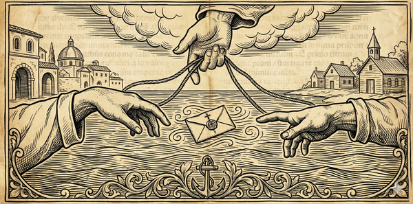Woodcut-style image: two hands reaching across ocean with divine hand above holding connecting threads, sealed letter below.