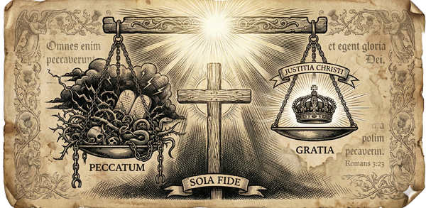 Reformation woodcut showing scales of justice: thorns and chains (sin) outweighed by crown (grace), cross as fulcrum, Latin text.