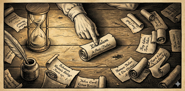 Woodcut-style engraving of a hand selecting from scattered scroll fragments on a desk, with hourglass, quill, and inkwell nearby.