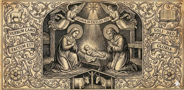 16th-century style woodcut of the Nativity depicting the Incarnation with Latin inscription "Verbum Caro Factum Est" (John 1:14)