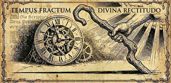 Woodcut engraving: broken clock at 3:15 and divine hand using crooked stick to draw straight line on aged parchment background.