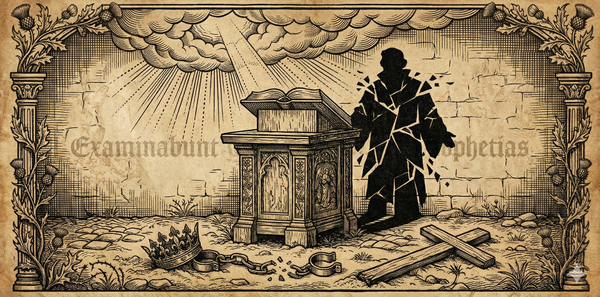 16th-century woodcut of empty pulpit with open Bible and fractured shadow symbolizing theological compromise and abandoned Gospel