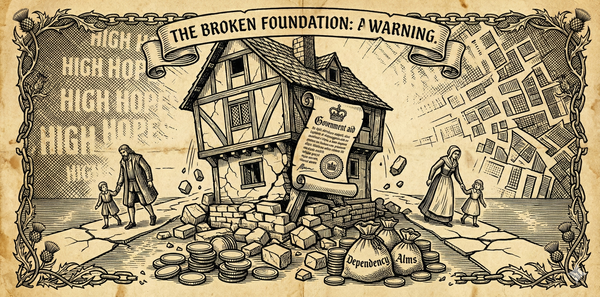 Woodcut showing broken family structure with government beam replacing foundation, coins scattered. Aged parchment aesthetic.