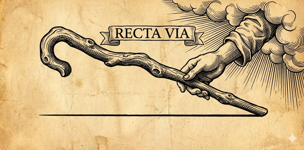 Woodcut: Divine hand holding crooked stick drawing straight line. "RECTA VIA" banner. Black ink on aged parchment. Providence.