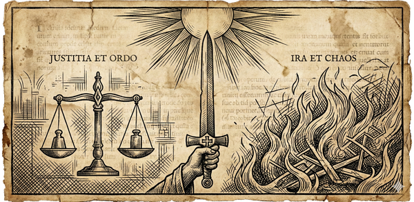 Reformation woodcut: sword dividing scales of justice from flames of vengeance, with divine light above. Sepia parchment.